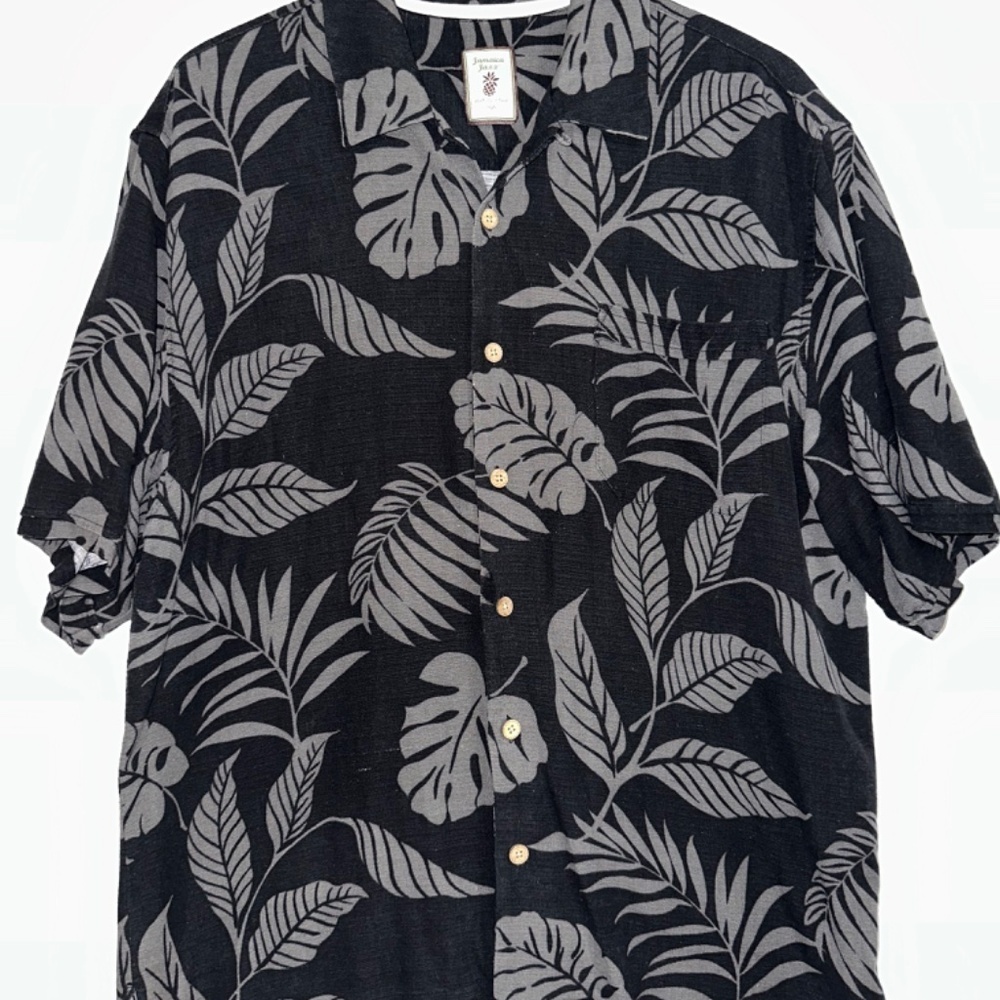 JAMAICA JAXX Mens L 100% Silk Hawaiian PREPPY Dress Casual Shirt Black Gray